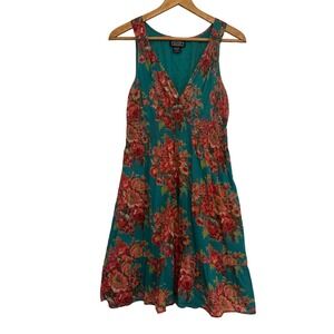 Angie Teal Floral 100% Cotton Smocked Waist V-Neck Mini Dress Womens Sz L Boho